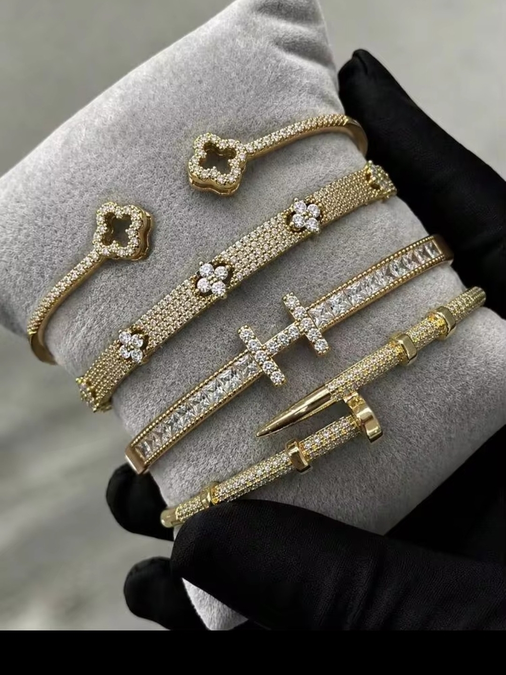 Gold Plated Pave Crystal Floral & Bar Bracelet 4 Piece Set - Women Jewelry - Picture 6 of 6